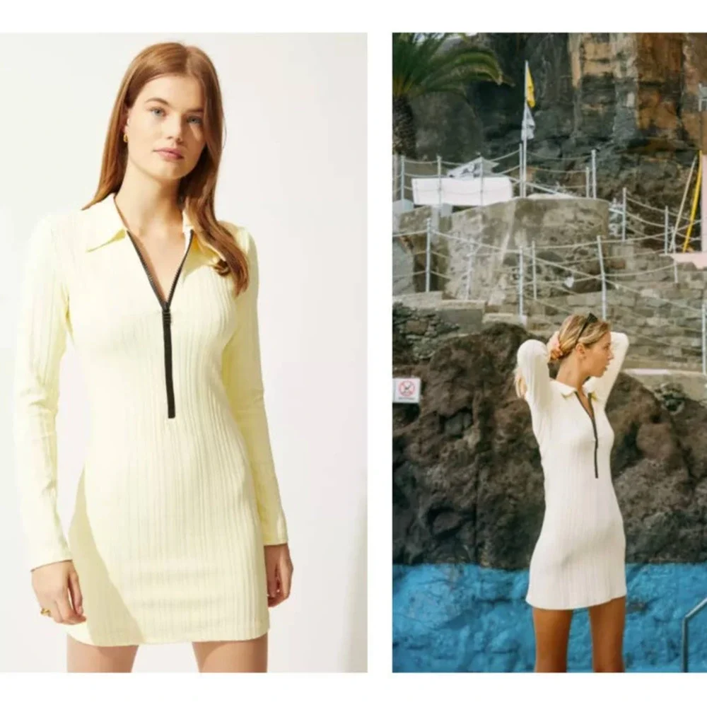 Solid & Striped Long Sleeve Ribbed Polo Zip Up Dress Mini In Blonde Rib NEW $198
